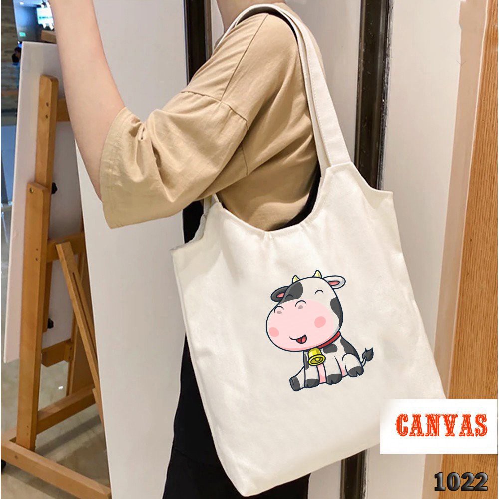 Túi Tote Trắng Vải Canvas Cao Cấp 1022 485 Bò Sữa Chuông Vàng Dễ Thương