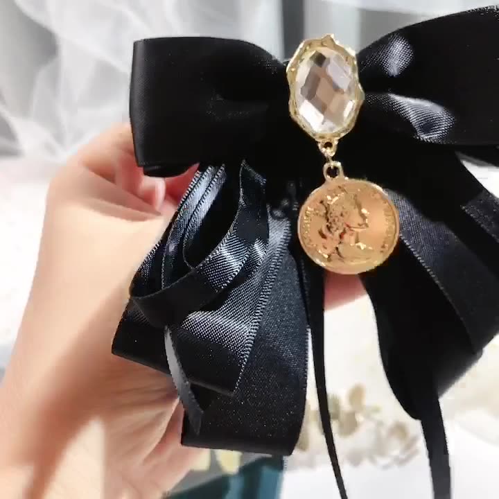 Nơ Cài Cổ Áo Màu Đen Đính Pha Lê Phong Cách Baroque Cổ Điển Kèm Phụ Kiện Cài Áo Cho Nữ