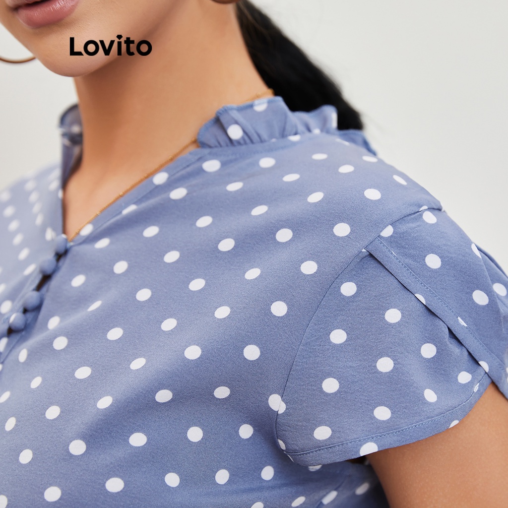 1221de-Lovito Áo Kiểu Tay Bèo Cổ Bèo Họa Tiết Chấm Bi L20D002