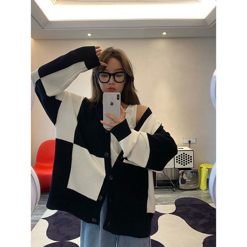 Áo khoác cardigan dệt kim cổ chữ V tay dài dáng rộng thời trang mùa thu mới cho nữ