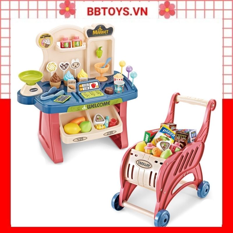 Đồ chơi siêu thị mini cao cấp kèm xe đẩy bán hàng 40 chi tiết có âm thanh, tính năng quẹt thẻ cho bé (BBTOYS: 82)