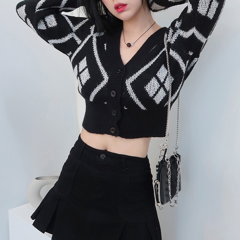 Áo sweater ZHELIHANGFEI tay dài cổ chữ V lưng cao đính đá thời trang quyến rũ dễ phối