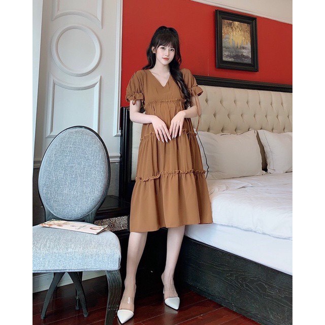 Đầm bầu thời trang thiết kế dáng xòe tay rút nơ có cúc ở eo mặc đi làm đi chơi, dự tiệc