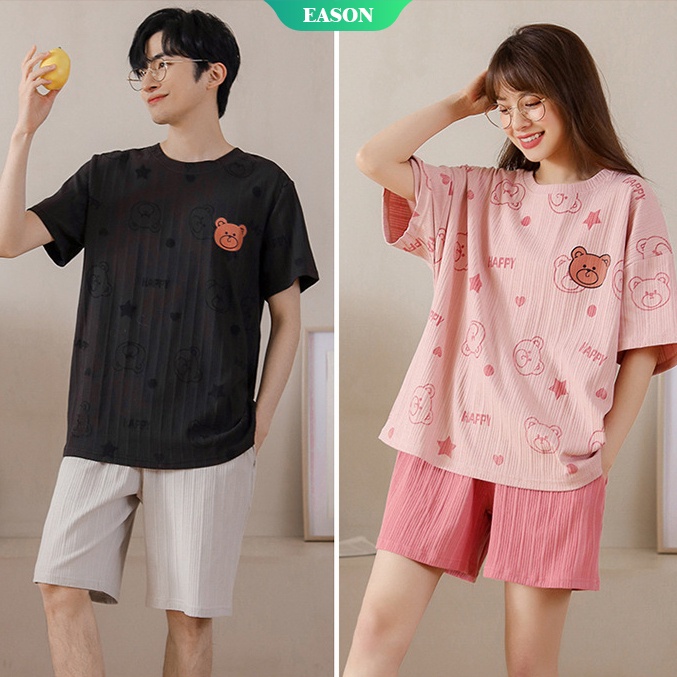Bộ Đồ Ngủ Tay Ngắn Chất Liệu Cotton In Họa Tiết Kẻ Sọc Kèm Quần Ngắn Co Giãn Thời Trang Mùa Hè Cho Nam WT41