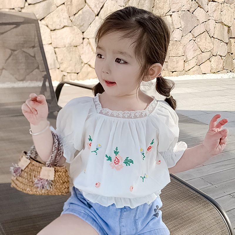 Mới Áo Trễ Vai Tay Phồng Phối Ren Thời Trang Cho Bé Gái