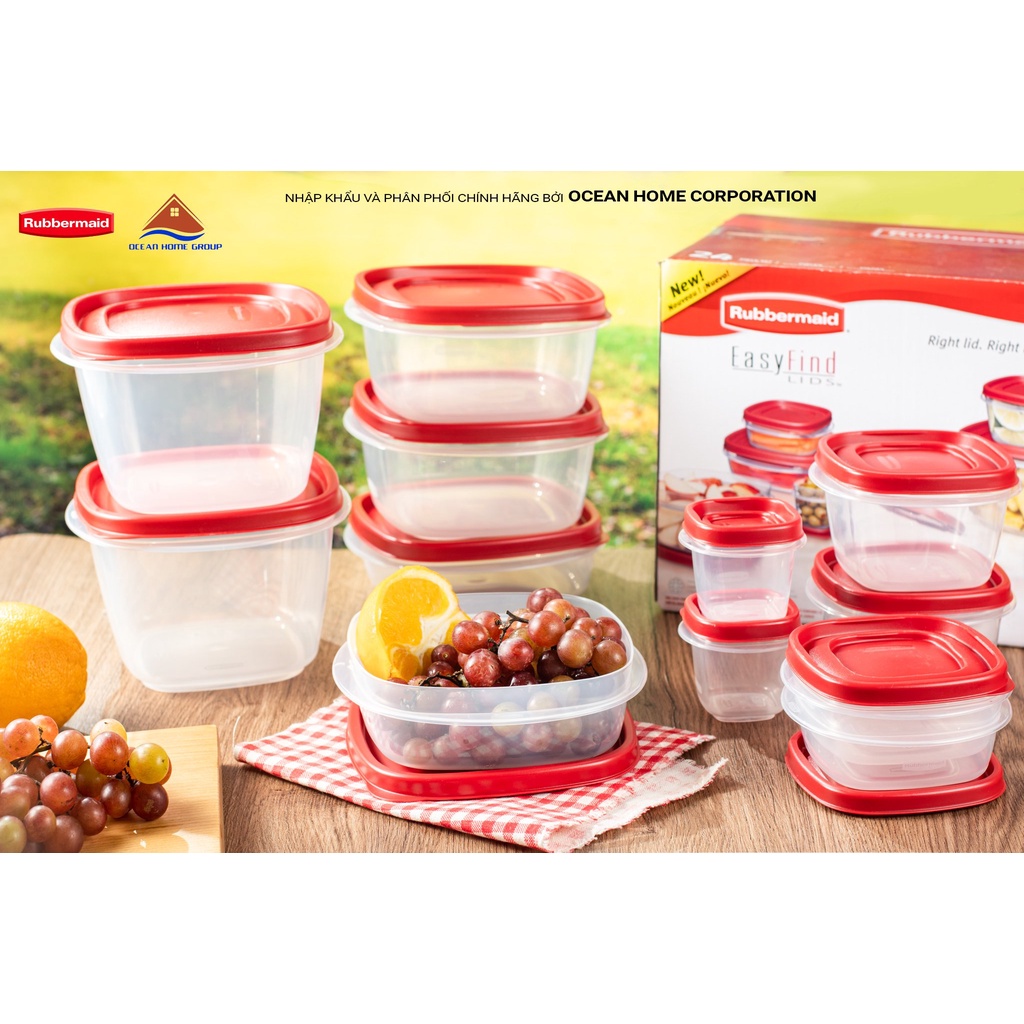 Bộ hộp 12 size đựng thực phẩm RUBBERMAID CHÍNH HÃNG có nắp màu đỏ bằng nhựa PP cao cấp