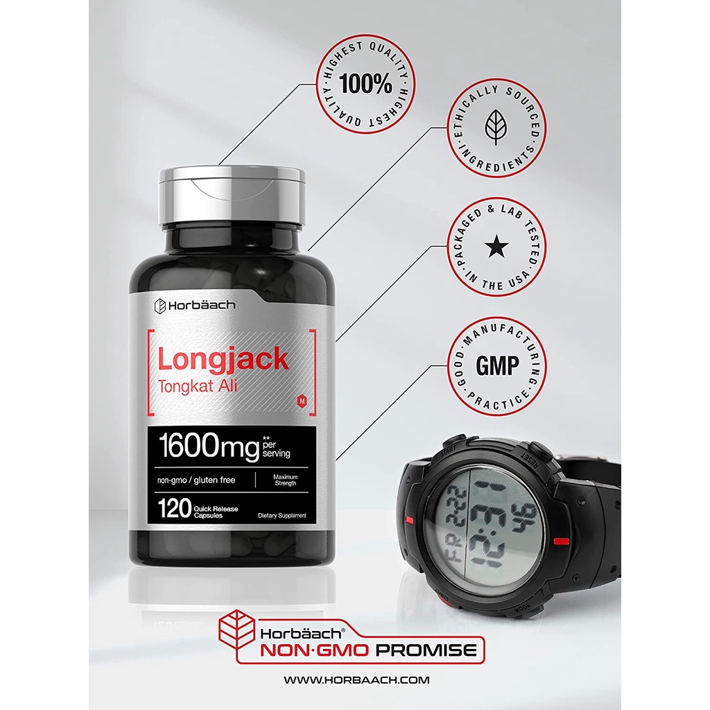 Horbaach Longjack Viên uống Tongkat Ali 1600mg hỗ trợ sức bền, tăng cường sinh lý và giảm căng thẳng 120 viên