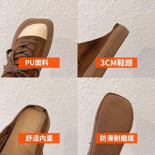 Mango Mũi Vuông Ren-Up Ngón Chân Nửa Dép Sinh Viên Flat Slip-On Giày Trắng Giày Vải