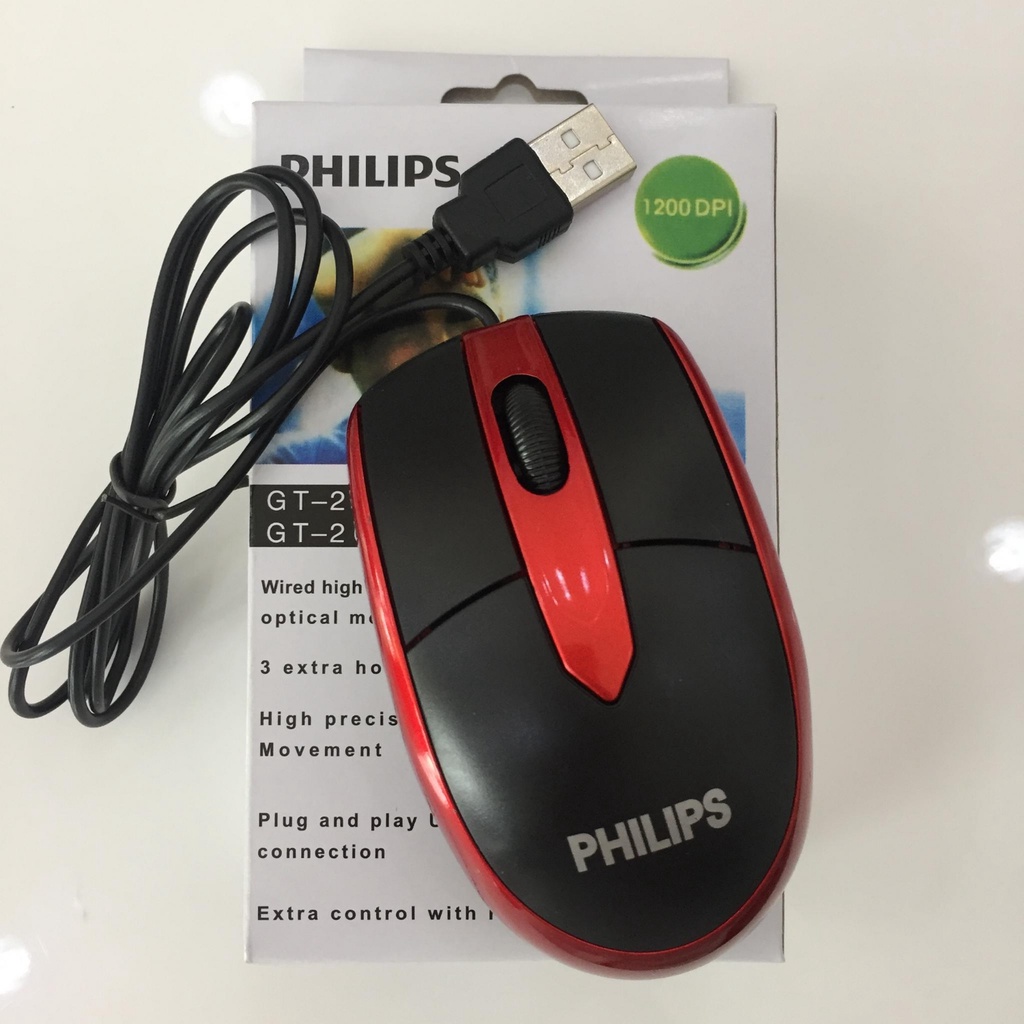 Chuột dây PHILIP Đỏ Cổng USB, chuột nhỏ gọn
