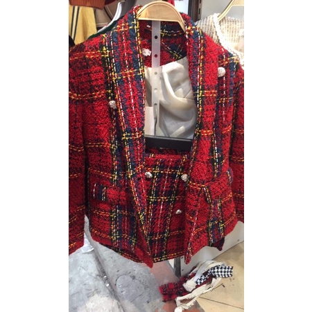 Set dạ đỏ mận kẻ sọc thiết kế sang chảnh tiểu thư hàng cao cấp | BigBuy360 - bigbuy360.vn