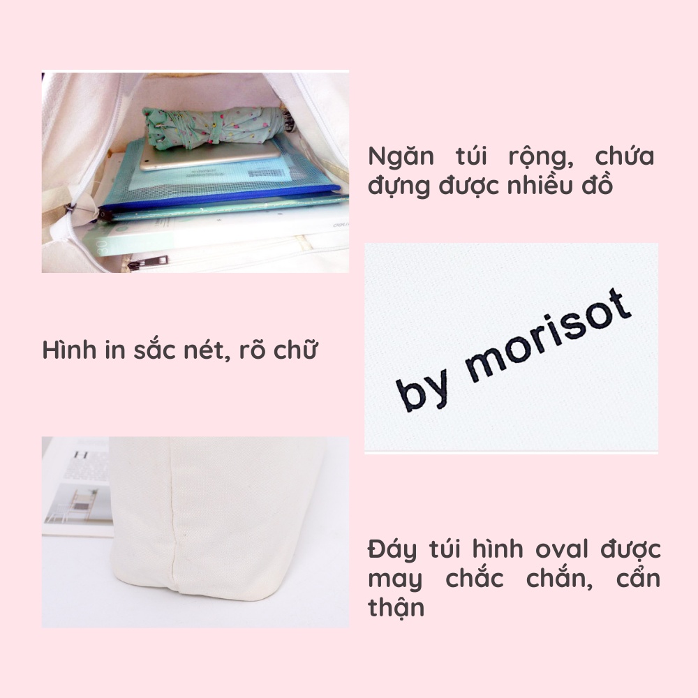Túi tote đeo vai vải canvas ulzzang có khóa kéo, ngăn phụ in chữ BM Hàn Quốc Sollle