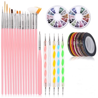 Bộ dụng cụ thiết kế móng tay 3d + 15 cọ gel + 5 bút chấm bi + 12 màu dán móng tay nghệ thuật