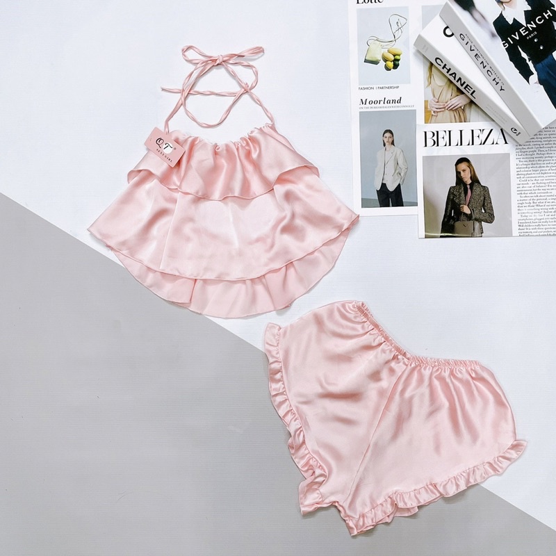 Đồ Ngủ Lụa 2 Dây Nữ Trúc My, lụa satin kiểu yếm tầng freesize 40-58kg, tuỳ chiều cao
