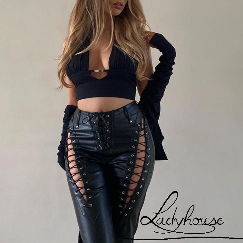 Quần Da Lưng Cao Màu Trơn Dáng Ôm Thiết Kế Đục Lỗ Thời Trang Cho Nữ