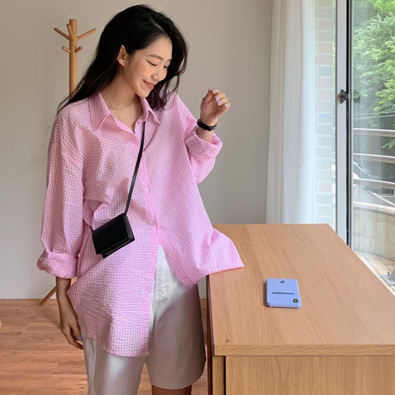 Áo sơ mi XIAOZHAINV cho nữ dáng rộng họa tiết caro phong cách Hàn Quốc