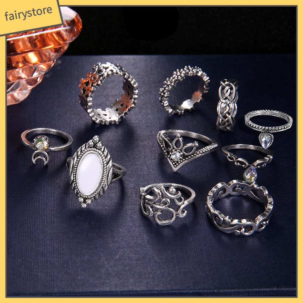 Set 10 nhẫn đeo đốt ngón tay đính đá opal nhân tạo phong cách retro