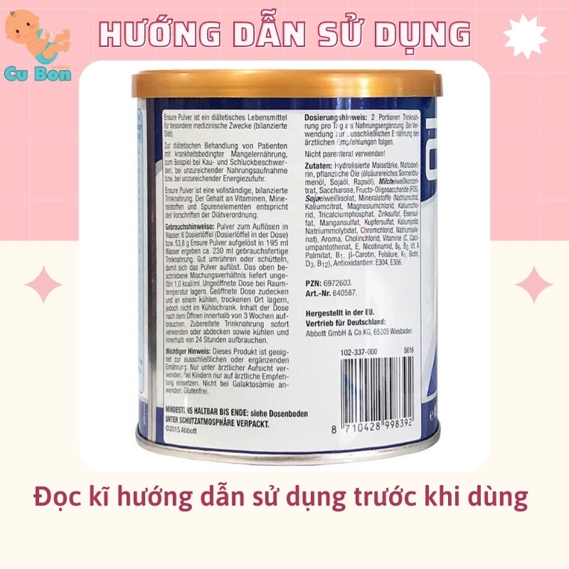 Sữa bột Ensure Abbott Đức Hộp 400g hương Vani ngọt dịu giúp bổ sung dinh dưỡng phục hồi sức khoẻ hiệu quả từ 3 tuổi