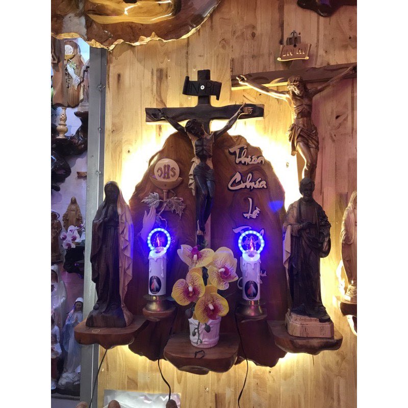 Đèn Công Giáo - 2 Cây Nến Điện Có Vòng Led Hào Quang 22cm