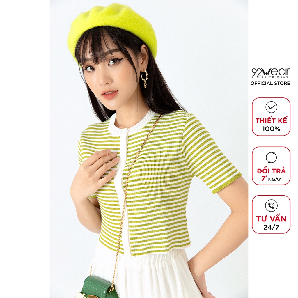 Áo len nữ ngắn tay cổ tròn 92WEAR,  phong cách Hàn Quốc trẻ trung, họa tiết kẻ ngang cá tính  ALA0074 | BigBuy360 - bigbuy360.vn