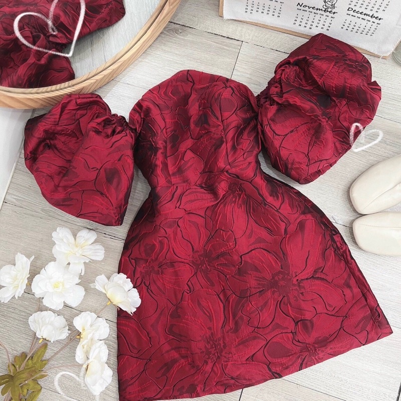 Siêu phẩm đầm gấm tay phồng mini siêu sang,váy nữa đi tiệc bao chất bao nổi bật cho bạn gái
