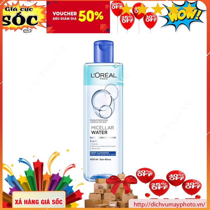 Nước Tẩy Trang L’Oreal Paris 3-in-1 Micellar Water 400ml  Không Cồn,Không Hương Liệu, Không Kích Ứng Da