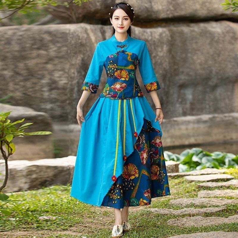 Bộ Đồ Sườn Xám Cách Tân Vải Cotton Lanh Cài Khóa Kiểu Trung Hoa Retro