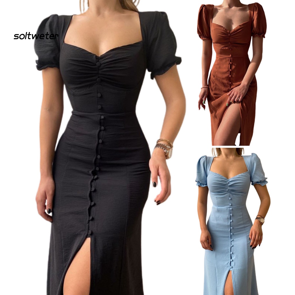 Đầm Midi Dáng Xòe Một Hàng Nút Thời Trang Đường Phố Gợi Cảm