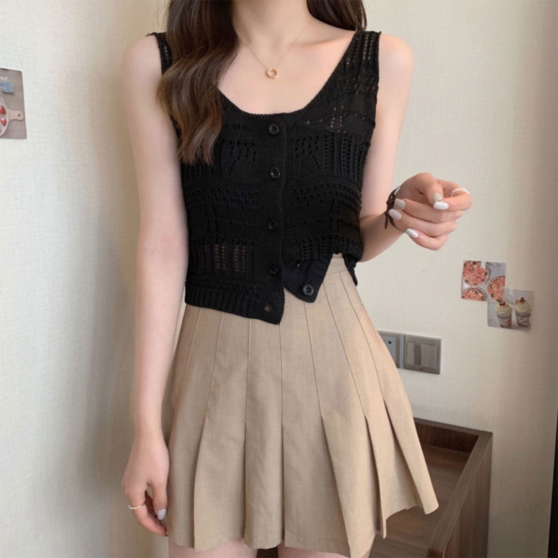 Áo Croptop Dệt Kim Sát Nách Cổ Tròn Dáng Rộng Thời Trang Đường Phố Quyến Rũ Cho Nữ