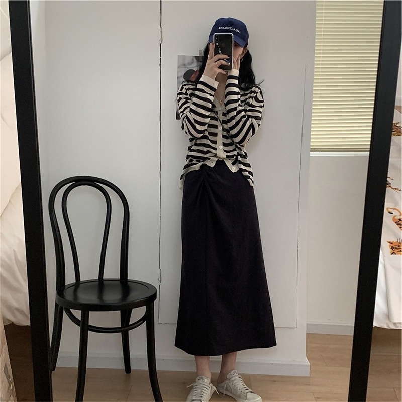 ZHELIHANGFEI Áo Cardigan Dệt Kim Tay Dài Dáng Rộng Kẻ Sọc Thời Trang Retro