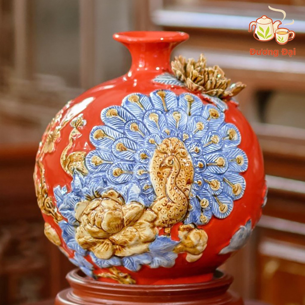 Bình Hút Lộc Công Đào Vinh Hoa Phú Quý Gốm Sứ Bát Tràng Đương Đại + Tặng kèm đế kê gỗ hương