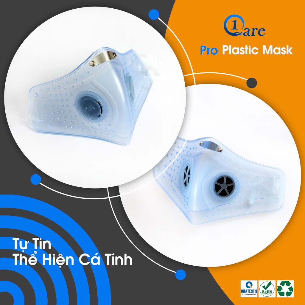 Khẩu trang nhựa đa năng 1Care Pro lọc bụi mịn PM5.0, kháng nước chống nắng 100%. Khẩu trang nhựa màu xanh trong suốt