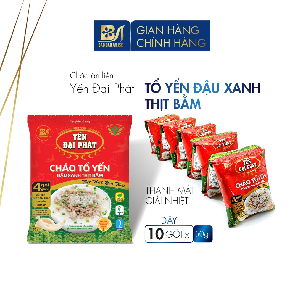 Thùng Cháo Tổ Yến Đậu Xanh Thịt Bằm - Yến Đại Phát 4 gói gia vị, ăn liền, tiện lợi, thơm ngon - Thùng 10 gói x 50gr