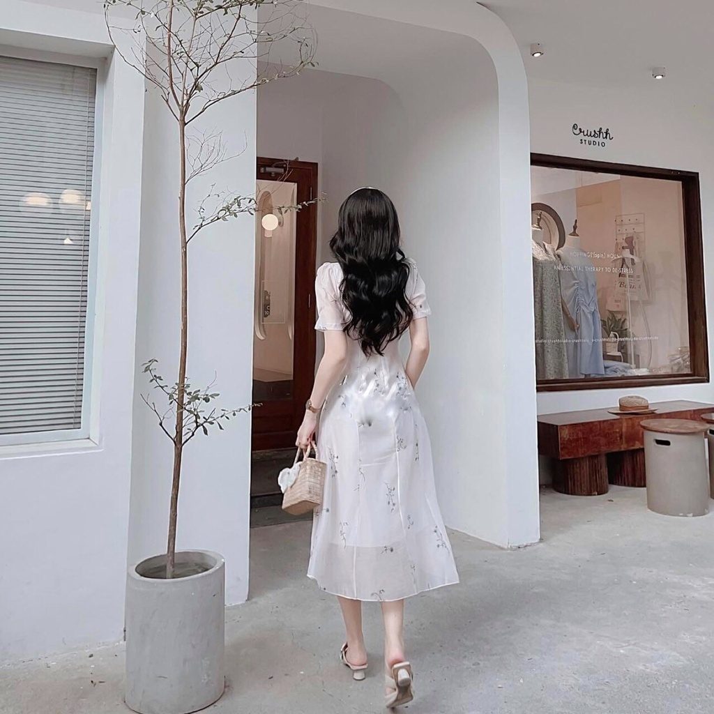 ✨BÁN SỈ✨Đầm voan trắng hoa xanh 2 lớp nhún ngực 2 lớp