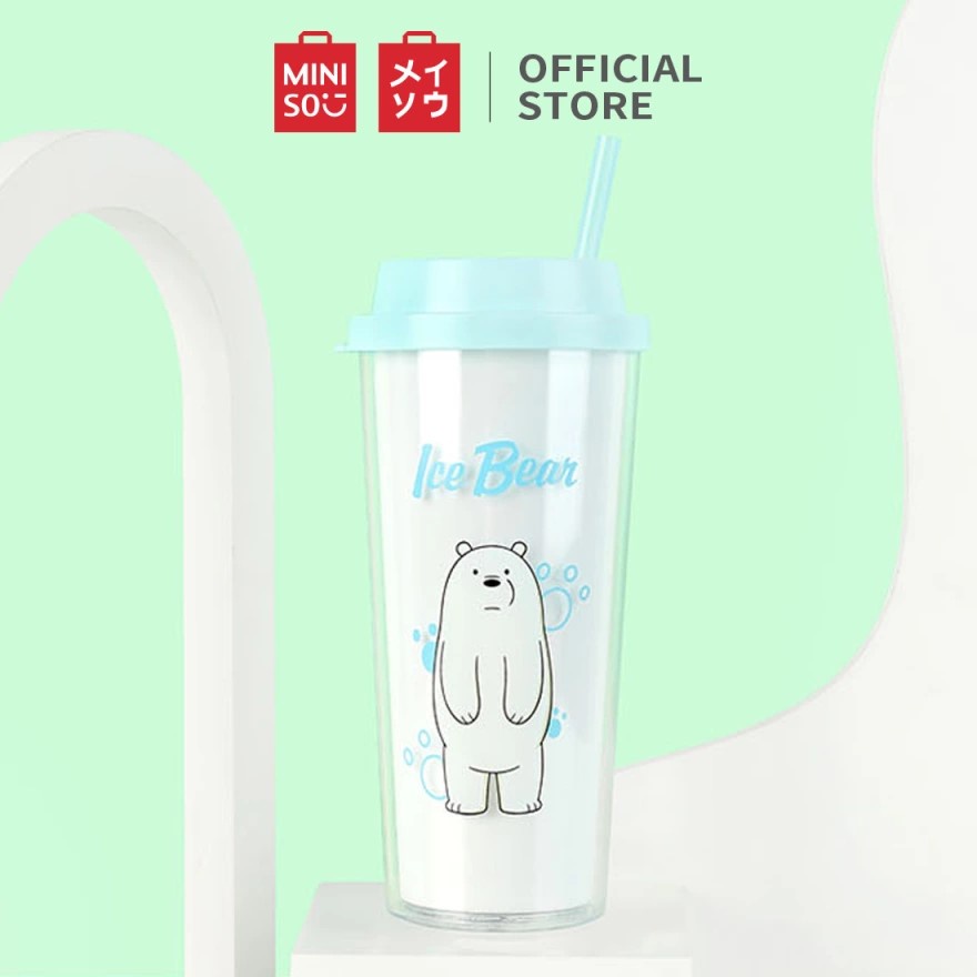 Ly nhựa We Bare Bears 2 lớp kèm ống hút Miniso dung tích 550ml