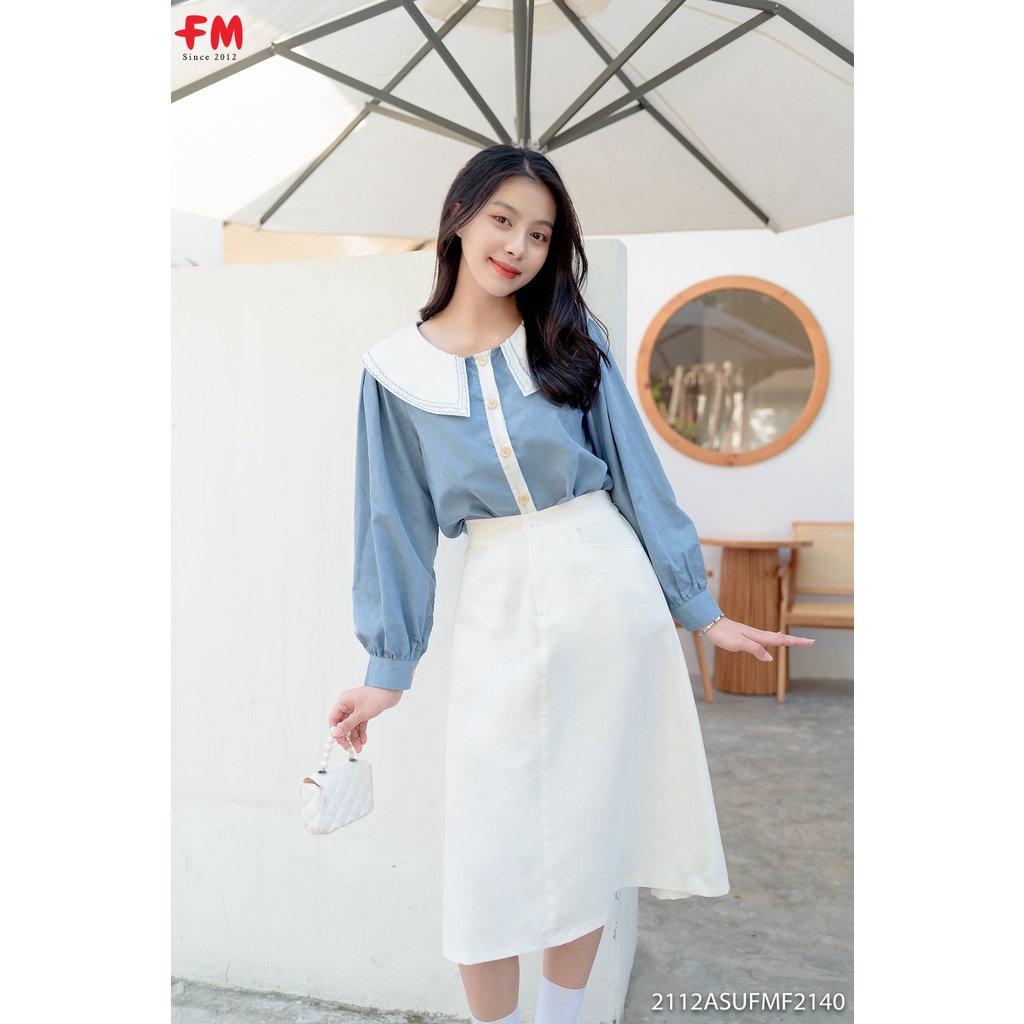 Áo sơ mi kiểu nữ FM Style tay dài rút dây trơn basic siêu xinh thời trang 211221423