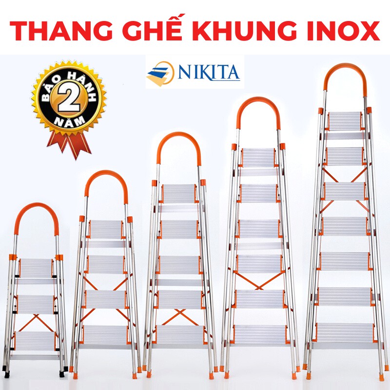 Thang nhôm ghế tay vịn khung inox NIKITA 3,4,5,6,7 bậc chiều cao 0.7 đến 1.7m; chính hãng Nikita NKT- BH 24 tháng