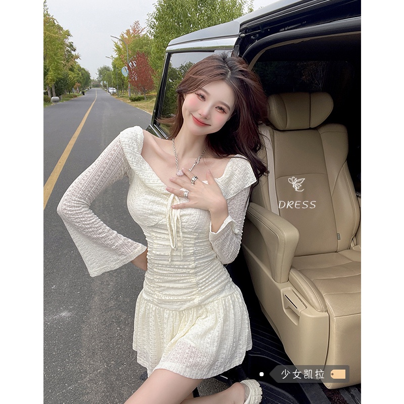 Đầm Nữ Dài Tay Cổ Chữ V Nhún Bèo Phong Cách Mới