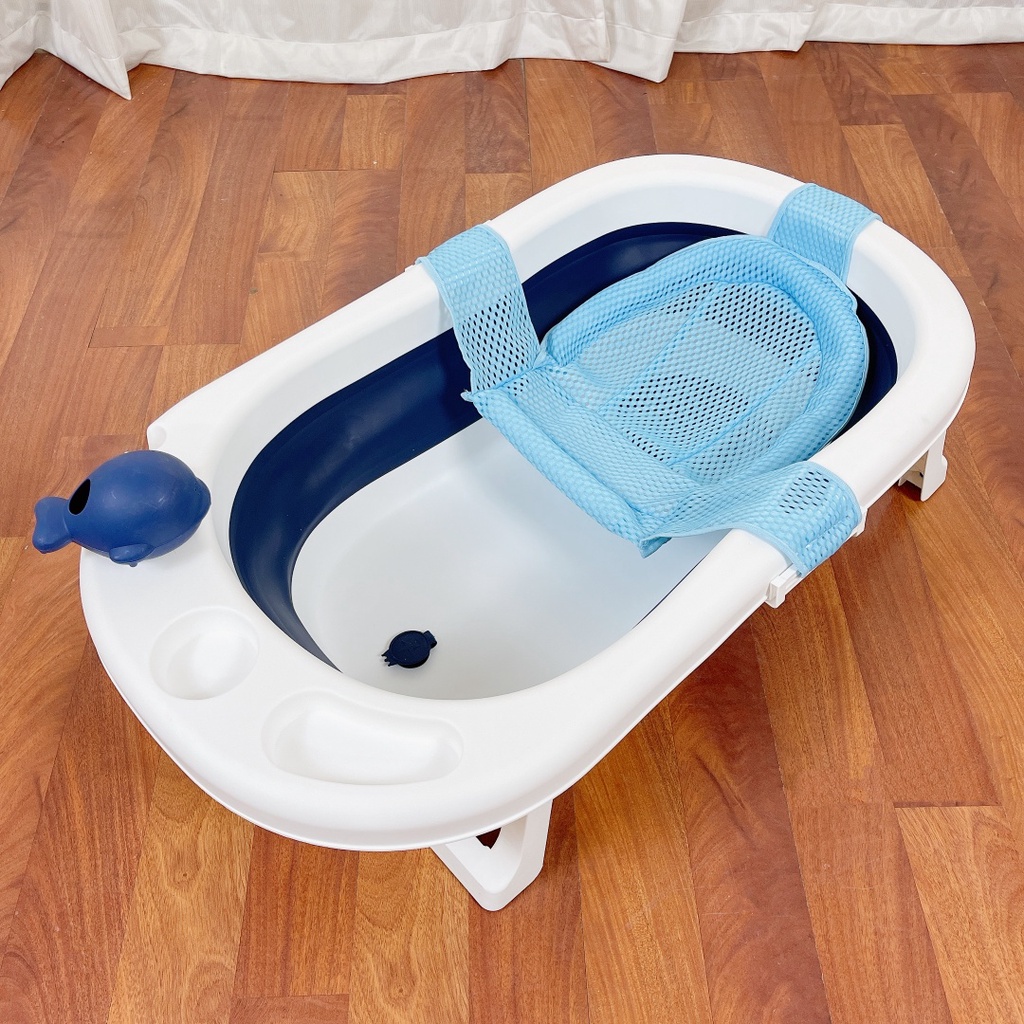 Chậu tắm gấp gọn kèm lưới/phao nằm tắm và đồ chơi size lớn 9BABY màu xanh than
