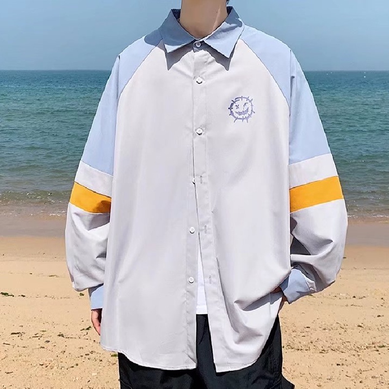 Áo sơ mi tay dài dáng rộng in hình thời trang Nhật Bản sành điệu cỡ M-3XL cho nam