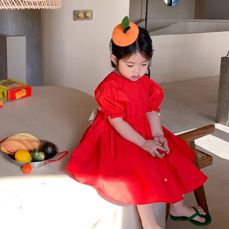 Se7en Đầm Công Chúa Mùa Hè Màu Trơn Hở Lưng Thắt Nơ Hình Trái Tim Đơn Giản Cho Bé Gái