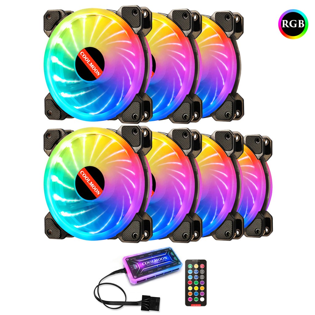 Bộ 7 Quạt Tản Nhiệt, Fan Case Coolmoon V2 Dual Ring Led RGB - Kèm Hub + Remote