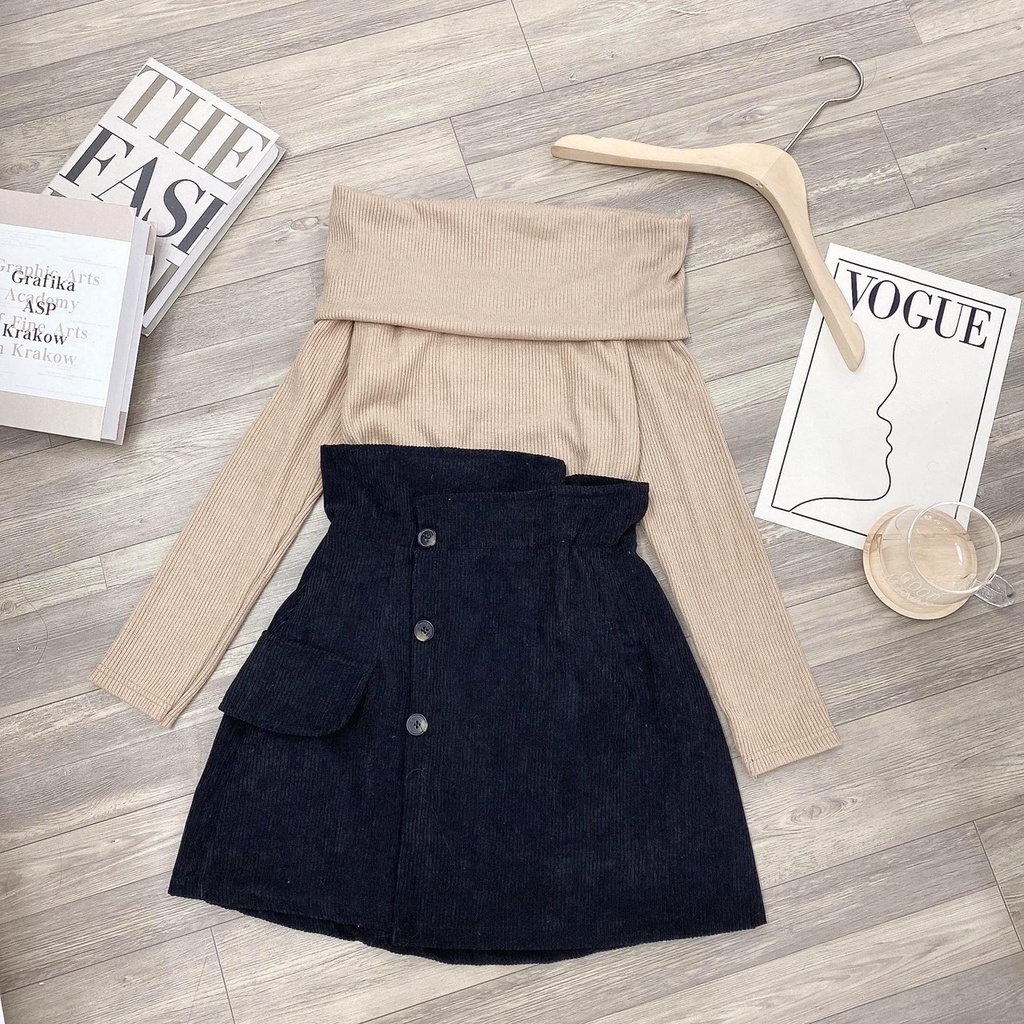 Chân Váy Nhung Khuy PEONYB Nữ  🌸 Đầm mini cạp lệch, skirt dáng ngắn body thiết kế túi hông cá tính Ulzzang 🌸