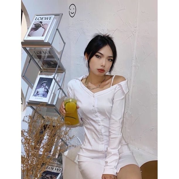 Đầm tay dài cài cúc kèm ảnh thật