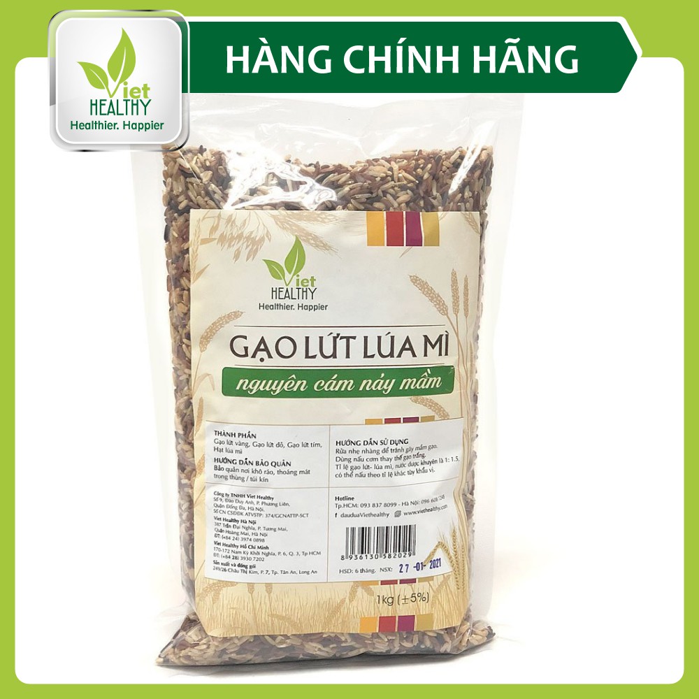 Gạo lứt lúa mì nguyên cám nảy mầm Viet Healthy 1kg, thành phần gồm: gạo lứt vàng, gạo lứt đỏ, gạo lứt tím, hạt lúa mì