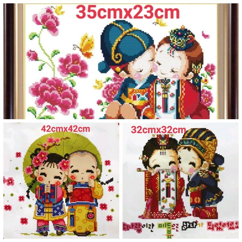 Tranh thêu chữ thập chibi. hình đám cưới Hàn Quốc. Tranh thêu rước dâu.
