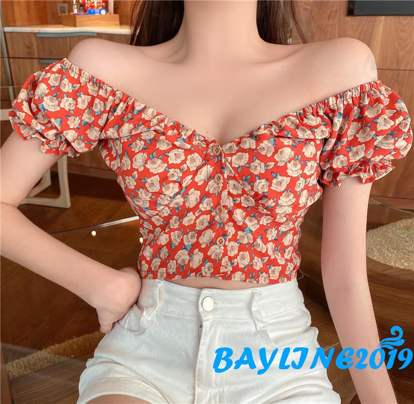 Áo croptop tay ngắn cổ chữ V họa tiết hoa phong cách thời trang