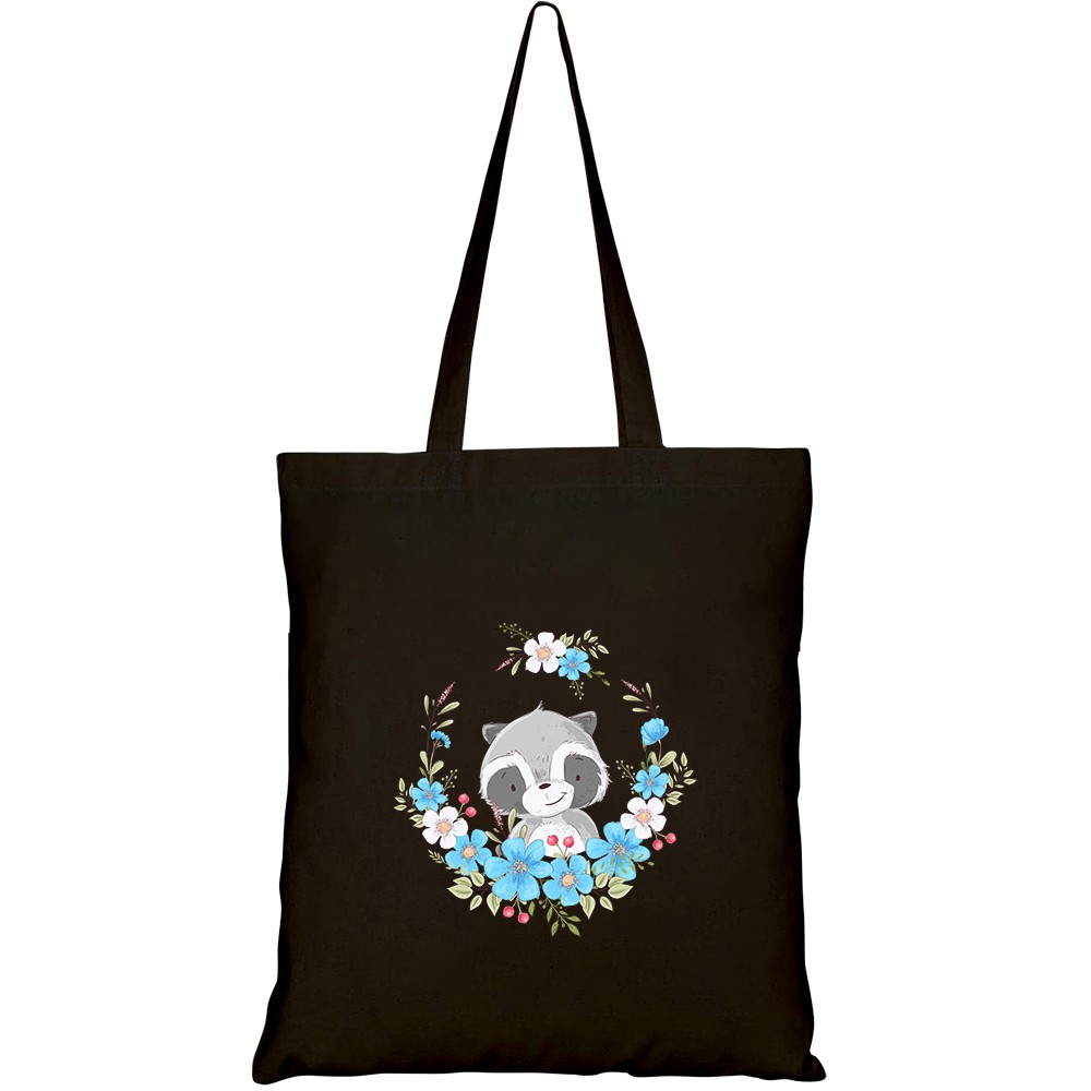 Túi vải tote canvas HTFashion in hình postcard poster cute little raccoon wreath flowers HT194