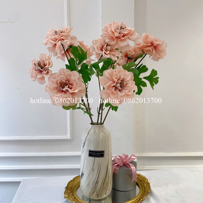 Hoa Giả- Hoa Cúc Thược Dược Cao Cấp Cành 3 Bông 65cm Trang Trí Nhà Cửa Siêu Xinh