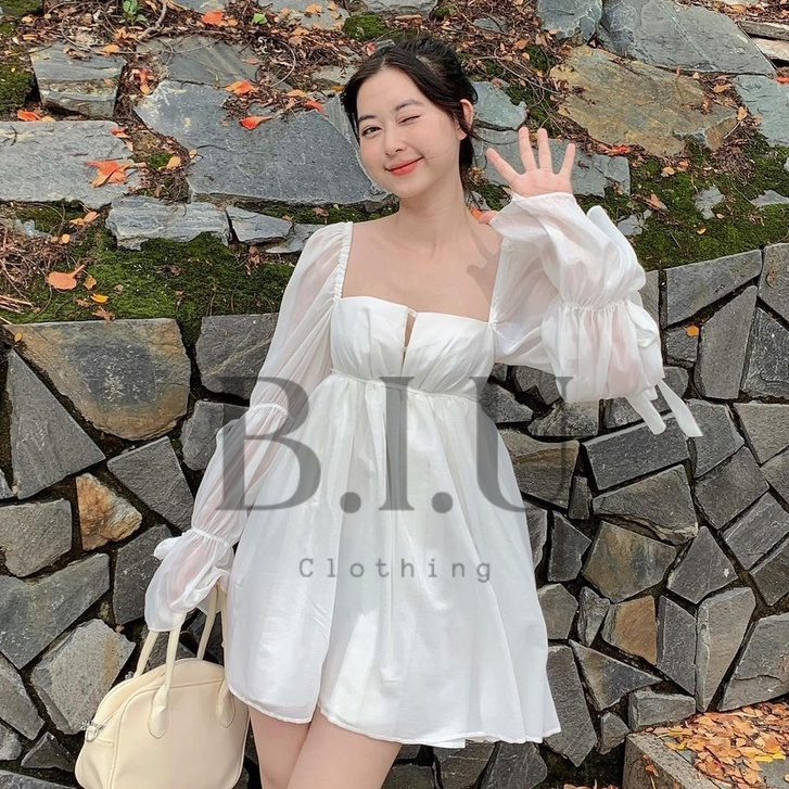 Đầm xòe tay dài loe baby doll nơ khoét ngực lolita chất phi phối voan 2 lớp Weeni dress trắng BB0041 BIU Clothing