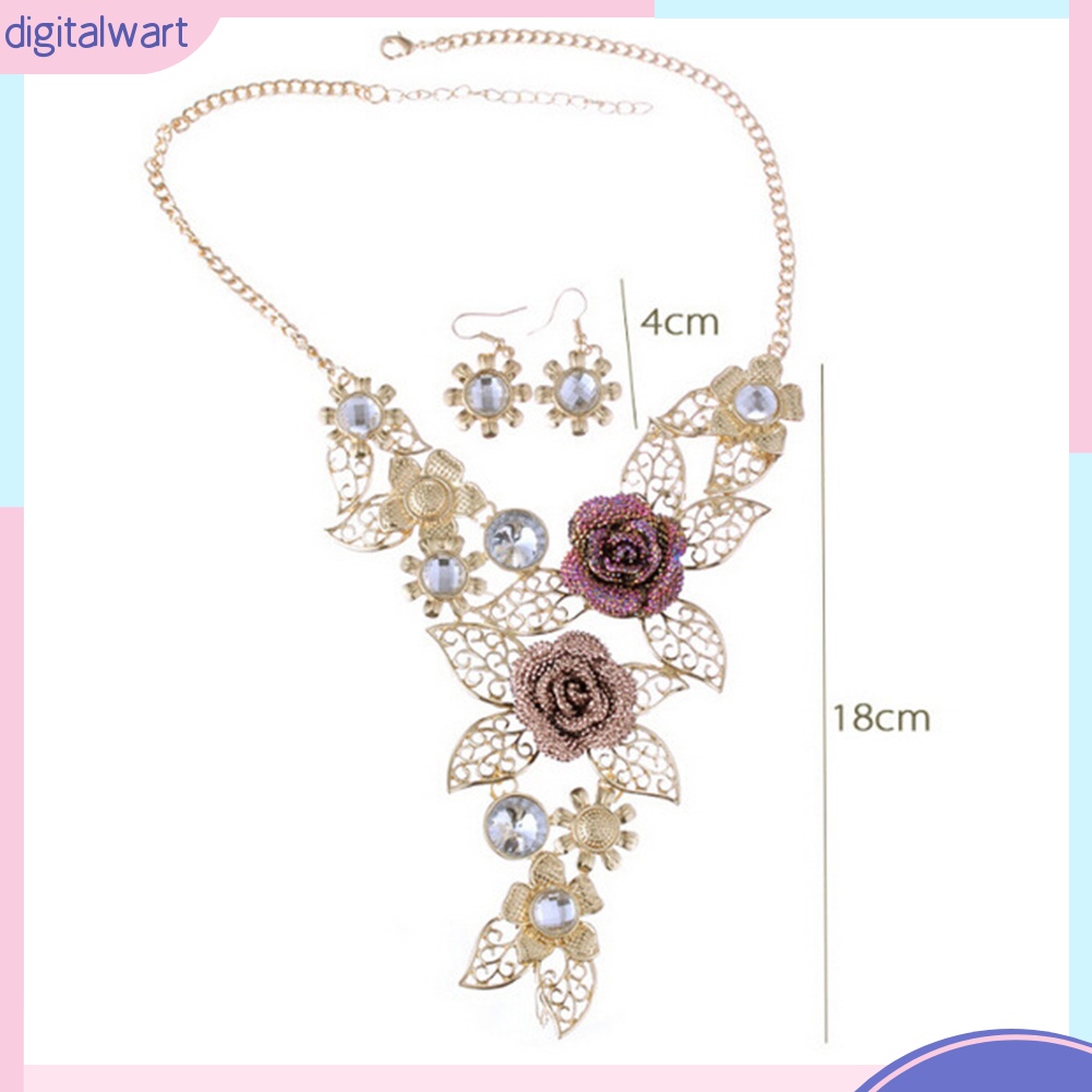 Bộ Vòng cổ + Bông Tai Hình Hoa Lá Có Đính Kim Cương Giả Cho Nữ